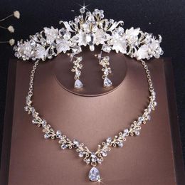 Earrings & Necklace Baroque Vintage Gold Crystal Leaf Pearl Floral Jewellery Sets Wedding Set Rhinestone Choker Tiara Crown290Y