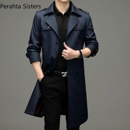 Men Blends Brand Top Quality Business Windbreaker Spring Autumn Over Knee Length Double Breasted Long Trench Coat Korea Man Clothing 231026