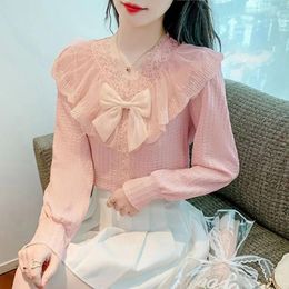 Women's Blouses Fashion V-Neck Gauze Lace Ruffles Bow Clothing 2023 Autumn Winter Loose Office Lady Tops Sweet Shirts