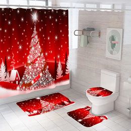 Shower Curtains Red Christmas Tree Bathroom Set Shower Curtain Waterproof Santa Claus Anti-skid Rugs Toilet Cover Bath Curtains with Hooks 231025