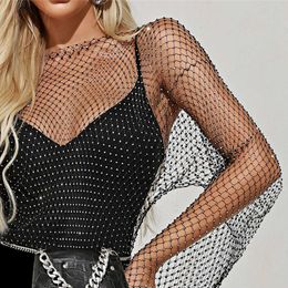 Cosplay Women Sexy See Through T Shirt Fishnet Hollow Out Crop Mesh Shiny Rhinestones Grid Long Sleeve Beach Cover Up Lady Tank Top