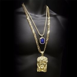 Hip hop Golden Crowned Jesus Head Pendant Iced Out Square Gem Crystal Necklace Set Cuban chain228E