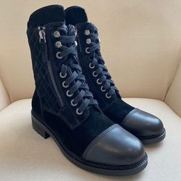Half Boots Black Calfskin Thick Heel Quality Knight Boot Flat Lace Up Shoes Adjustable Zipper Opening Motorcycle Boots Women Luxury Designer Factory Footwear 35-42