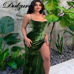 Casual Dresses Dulzura Solid Lace Up Women Strap Velvet Maxi Dress Side Slit Backless Bodycon Sexy Streetwear Party Club Evening E190Y