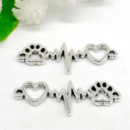 100Pcs Vintage Silver Paw Print Heart Electrocardiogram Symbol Connectors for Bracelet Charms Jewelry Making 34x12mm251b