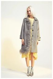 Women's Trench Coats High Quality Women Medium Long Blazer Chic Detachable Ostrich Fur Feathers Wind Coat