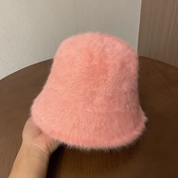 Women's beanie Autumn and Winter bucket hat Fashion Candy Colour Warm Rabbit Hair Plush Casual Style cap