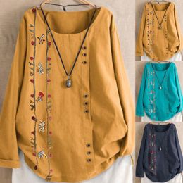 Women's Blouses Plus Size Embroidery Cotton Linen Tops O Neck Long Sleeve Button Down T Shirt For Women Autumn Loose Casual Pullover Blusas