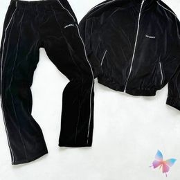 Winter Jackets Black Velvet Embroidery Letter Casual Sports Hoodies Set High Street Zipper Coat Pants