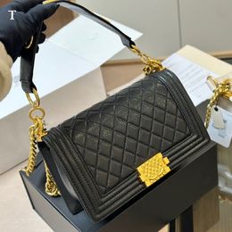 Caviar Leather Women Designer Boy Flap Bag Carved Gold Letters Metal Hardware Chain with Wide Strap 25cm Cross Body Shoulder Handbag Medium Capacity Vintage Wallet