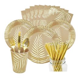 Dishes Plates Hawaii Pineapple Kraft Paper Tableware Gold Colored Palm Leaf Pattern Plate Cup Straw Party Wedding Birthday Cutlery Dcoer 231026
