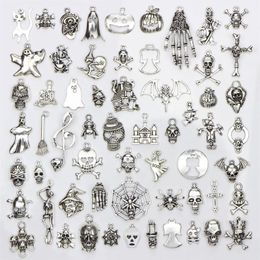 Assorted 60 Designs Halloween Charms Skull Skeleton Hand Spider Bat Ghost Witch Pendants Diy Jewellery Making 60pcs bag2855