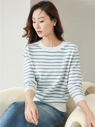 Women's Sweaters VIMLY Striped Sweater 2023 Early Autumn Pullover Round Neck Three Quarter Sleeve Knit Tops Female Jumper Knitwears 72297