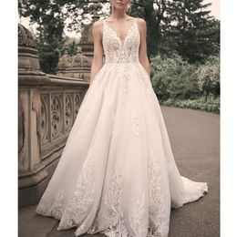 Lace Boho Wedding Dresses V Neck Elegant A-Line Sleeveless 3D Appliqued Party Gown Side Split Sexy Backless Dress