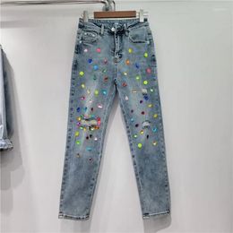 Women's Jeans High Waisted Denim Pants With Heavy Work Holes And Diamond Inlaid Coloured Cropped For Women