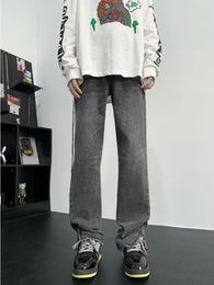 Men's Jeans YIHANKE Design Sense Zipper Split Spring American Style Retro Loose Straight Tube High Street Pants Baggy