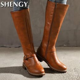 Boots Women Straight Vintage Leather Long Knight Boot Square Heel Knee High Buckle Zipper British Style Winter Female Shoes 231025