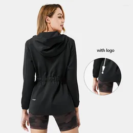 Active Shirts Fashion Mid Length Jacket Women Black Zip Hooded Sports Shirt Slim Fit Trend Outdoor Fitness Training Top With Log