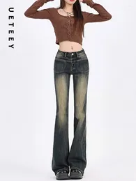 Women's Jeans UETEEY American Retro High Waisted Flare Skinny Pants Streetwear Trousers Y2k Fashion 2023 Slim Denim Mom