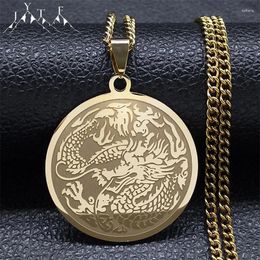 Pendant Necklaces Fashion Chinese Dragon Mens Necklace Hip Hop Stainless Steel Gold Plated Long Animal Round Ethnic Zodiac Jewelry N3138