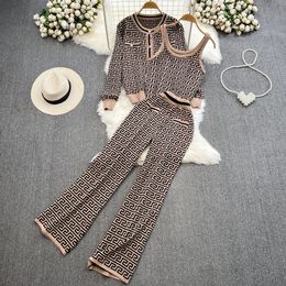 Women s Two Piece Pant Sweater Pant Set Casual Camisole Cardigans Suits Autumn Winter Knitted Plaid Long Sleeve Elegance Top Elastic Sweaterpants 231025