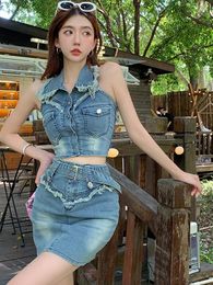 Work Dresses Street Clothes Y2K Denim Fashion Summer 2 Pieces Outfits Women Chic Sexy Halter Backless Short Cropped Tops Mini Skirt Mujer
