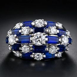 Band Rings Huitan Trendy Women Ring with BlueWhite CZ Full Bling Iced Out Female Wide Rings for Party Statement Jewellery Drop 231025