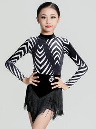 Stage Wear Kids Latin Dance Dress Girls Long Sleeves Tops Black Tassel Skirt Cha Rumba Training Practise Winter Suit NV18783