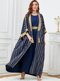 Ethnic Clothing Luxury Caftan Marocain Femme Evening 2 Piece Abaya Set Jalabiya Woman Blue Stripe Sequins Belted Robe Africano Mujer