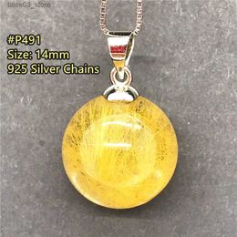 Pendant Necklaces Natural Gold Rutilated Quartz Pendant Necklace For Women Man Healing Wealth Gift Round Beads Crystal Silver Chains Jewellery AAAAA Q231026