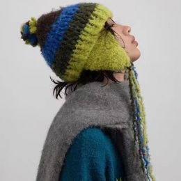 Wide Brim Hats Bucket Women Woollen Plush Knitted Tassel Beads Bomber Colourful Y2K Fur Winter Warm Striped Cold Hat with Ears 231025