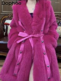 Women's Fur Casual Trend Love Decorative Coat Female 2023 Winter V-neck Long Sleeve Mink Thicken Warm Faux Women
