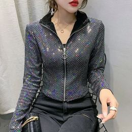 Women's Leather Faux Leather Autumn Jacket Women Glitter Sequined Short Jacket Female Fashion Long Sleeve Design Sense Sexy Bottoming Shirt 231026