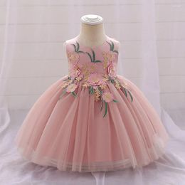 Girl Dresses Vintage First Birthday Princess Dress For 3M-24M Baby Floral Bow Tulle Tutu Gown Kid Formal Occasion Year