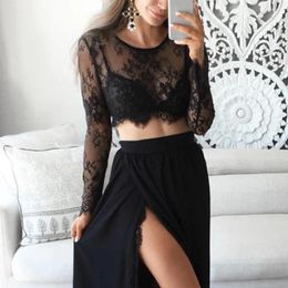 Women's Blouses Summer Women Lace Floral Shirt Ladies See Through Tops Sexy Mesh Black Transparent Long Sleeve