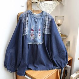 Women's Blouses 128cm Bust / Spring Autumn 2023 Women Mori Kei Girls Flower Embroidered Plaid Patchwork Loose Comfy Denim Cotton