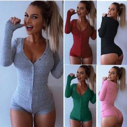 Sexy Choker High Deep V Neck Long Sleeve Single Breast Women Ribbed Bodysuits Playsuits Rompers Jumpsuits1245D