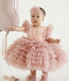 Girl Dresses Tiered Tulle Knee Length Baby Dress Glitter Sequined Tutu Infant First Birthday Party Gown Communion