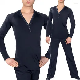 Stage Wear Male Latin Dance Shirt Black Long Sleeve V-Neck Ballroom Dancing Clothes Rumba Samba Practise Competition Tops VDB830