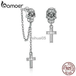 Stud bamoer 2023 Authentic 925 Sterling Silver Skull with Cross Earrings for Women ear earring Jewellery BSE419 YQ231026