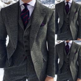 Men's Suits 2023 Men's Wool Blend Grey Herringbone 3 Piece Notch Lapel Tweed Vintage Peaky Blinder