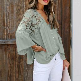 Women's Blouses Stylish Women Blouse Pullover Flare Sleeve Solid Colour V Neck Shirt Lace