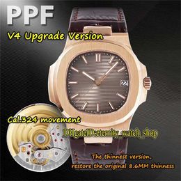 Luxury Watch V4-Upgrade-version PPF Nautilus Thickness 8.6mm 5711 5711R Cal.324 S C Automatic Mens Watch Dark Grey Dial 18KRose Gold Case Leather Watches