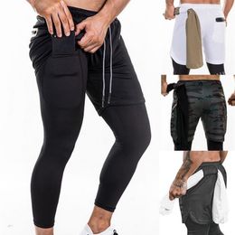 Men Joggers 2 in 1 Leggings Compression Pants Security Pockets Gym Pants Sports Built-in Pockets Hips Zipper Fitness211D