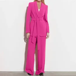 Women's Two Piece Pants 2023 Fashion Blazer Coats Women Spring Ol Casual Long Sleeve Rose Red With Belt Female Lace Up High Street Chic