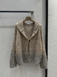 Women's Knits Fall/winter Gradient Beaded Hooded Coat! Bright Stars And Beads1022