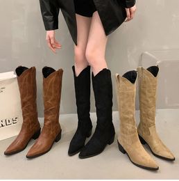 Boots Winter Embroidery Women Cowboy Fashion Slip On Long Female Elegant Square Heel Womens Knight Botties 231026