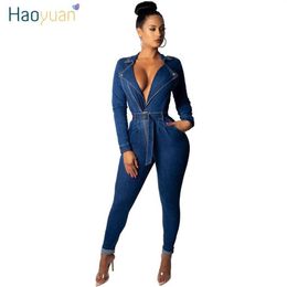 HAOYUAN Sexy Denim Jumpsuit High Stretch Clothes Club Overalls Long Sleeve Bodycon Jeans Rompers Womens Jumpsuit234r