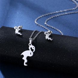 Necklace Earrings Set Cute Stainless Steel Flamingo Chain Jewellery Tropical Bird Kid Children Girls Women Birthday Christmas Gift