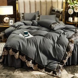 Bedding sets Skincare Polished Light Luxury European Style Embroidery Four Piece Set Solid Color Lace Bed Skirt 231026